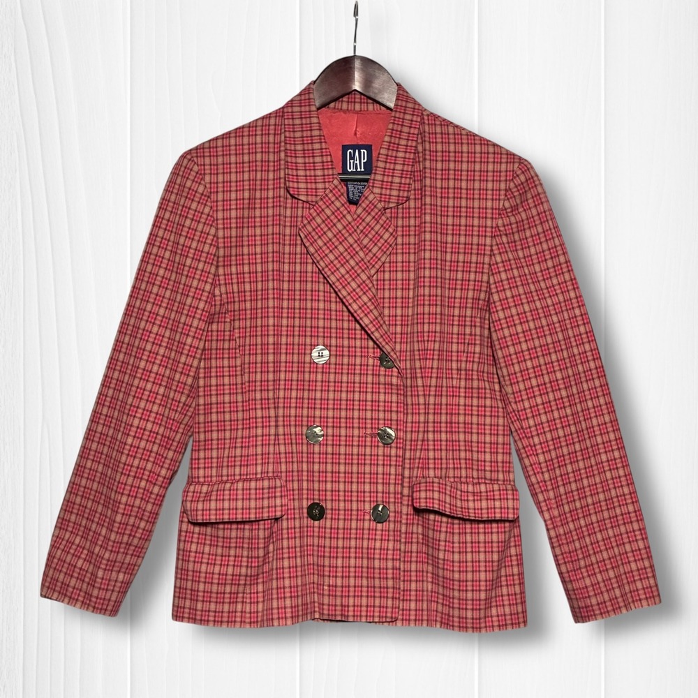Vintage‎ Gap Cotton Plaid Double Breasted Blazer Jacket Women 8 Pink